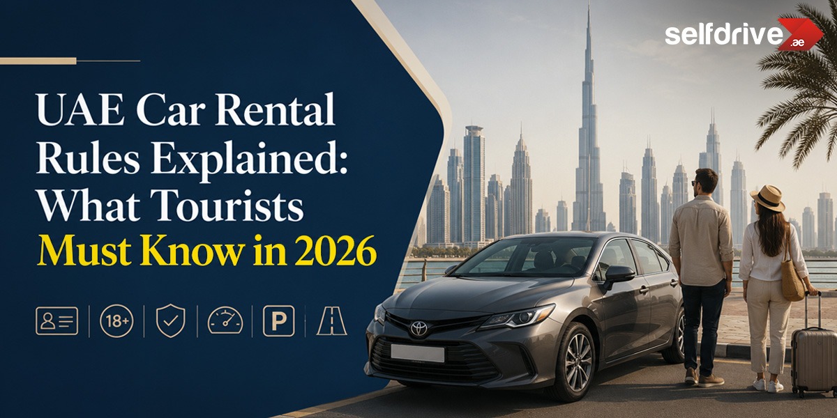 Couple by a car, overlooking Dubai skyline with Burj Khalifa. Text reads "UAE Car Rental Rules Explained: What Tourists Must Know in 2026." Selfdrive.ae logo.